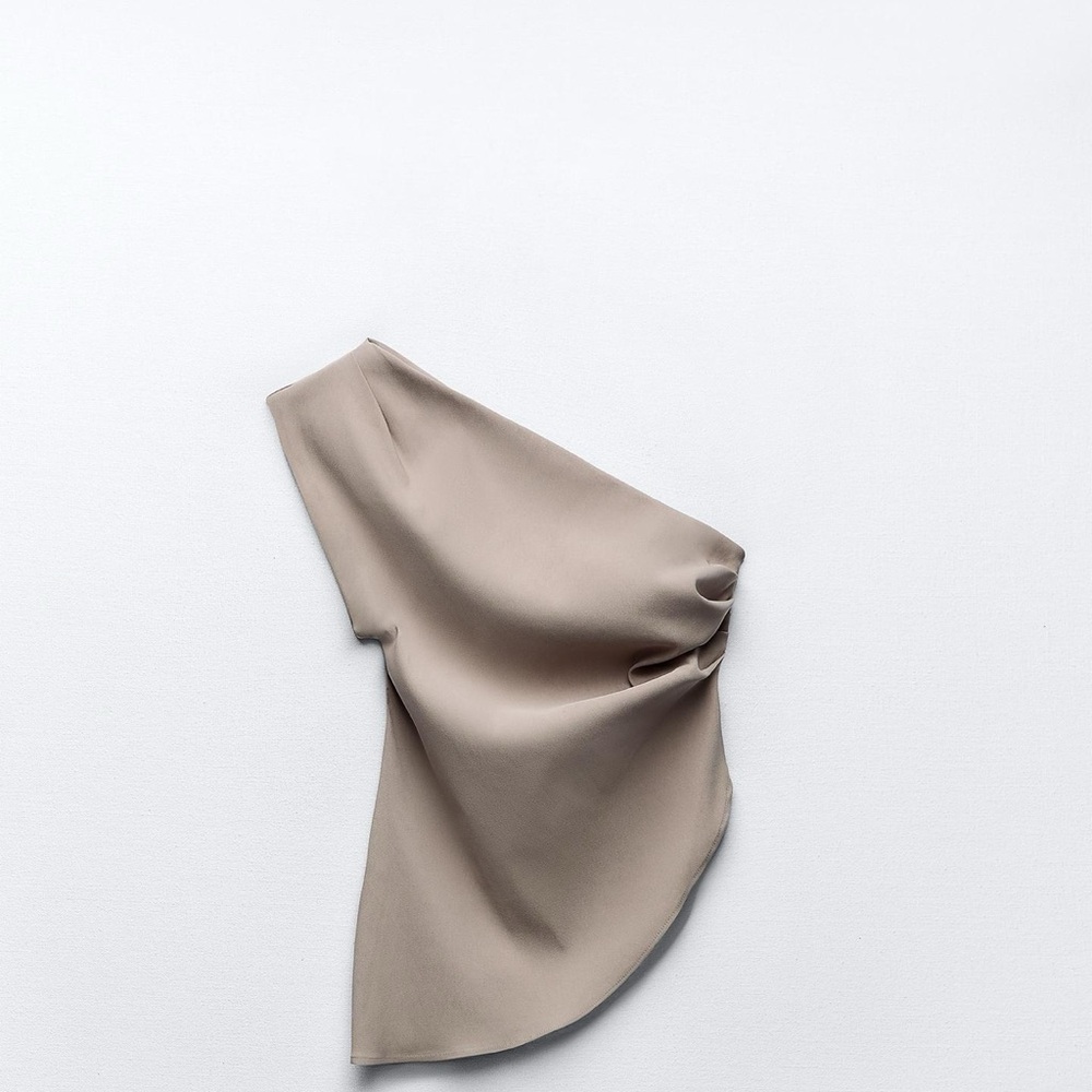 Zara Taupe One-Shoulder Draped Blouse